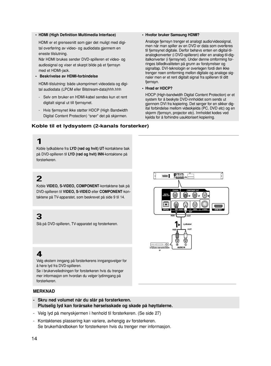 Samsung DVD-HD870/XEE manual Koble til et lydsystem 2-kanals forsterker, Beskrivelse av HDMI-forbindelse 