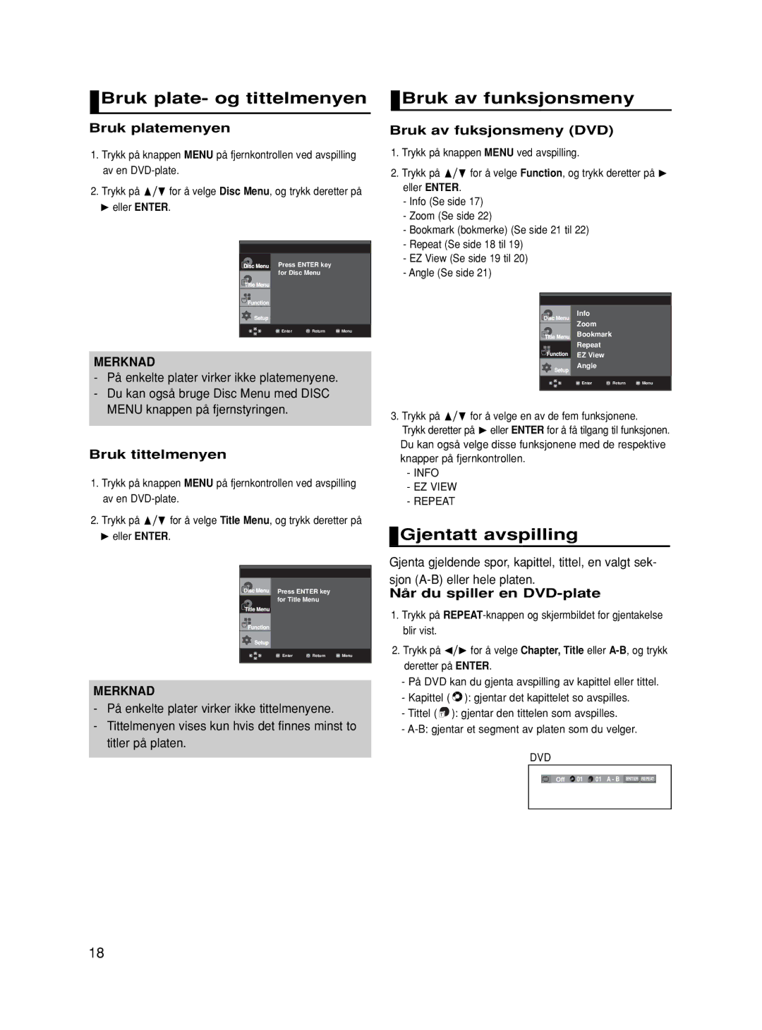 Samsung DVD-HD870/XEE manual Bruk plate- og tittelmenyen, Bruk av funksjonsmeny, Gjentatt avspilling 