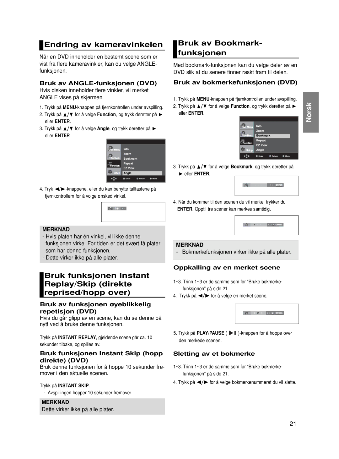 Samsung DVD-HD870/XEE manual Endring av kameravinkelen, Bruk av Bookmark- funksjonen 