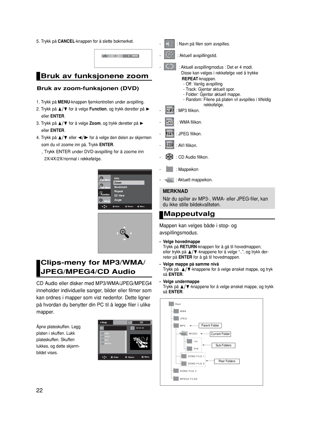 Samsung DVD-HD870/XEE manual Bruk av funksjonene zoom, Clips-meny for MP3/WMA/ JPEG/MPEG4/CD Audio, Mappeutvalg 