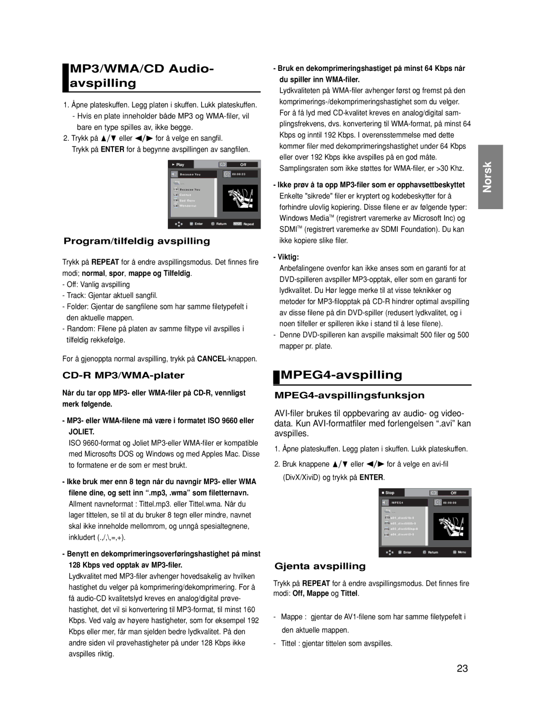 Samsung DVD-HD870/XEE manual MP3/WMA/CD Audio- avspilling, MPEG4-avspilling 