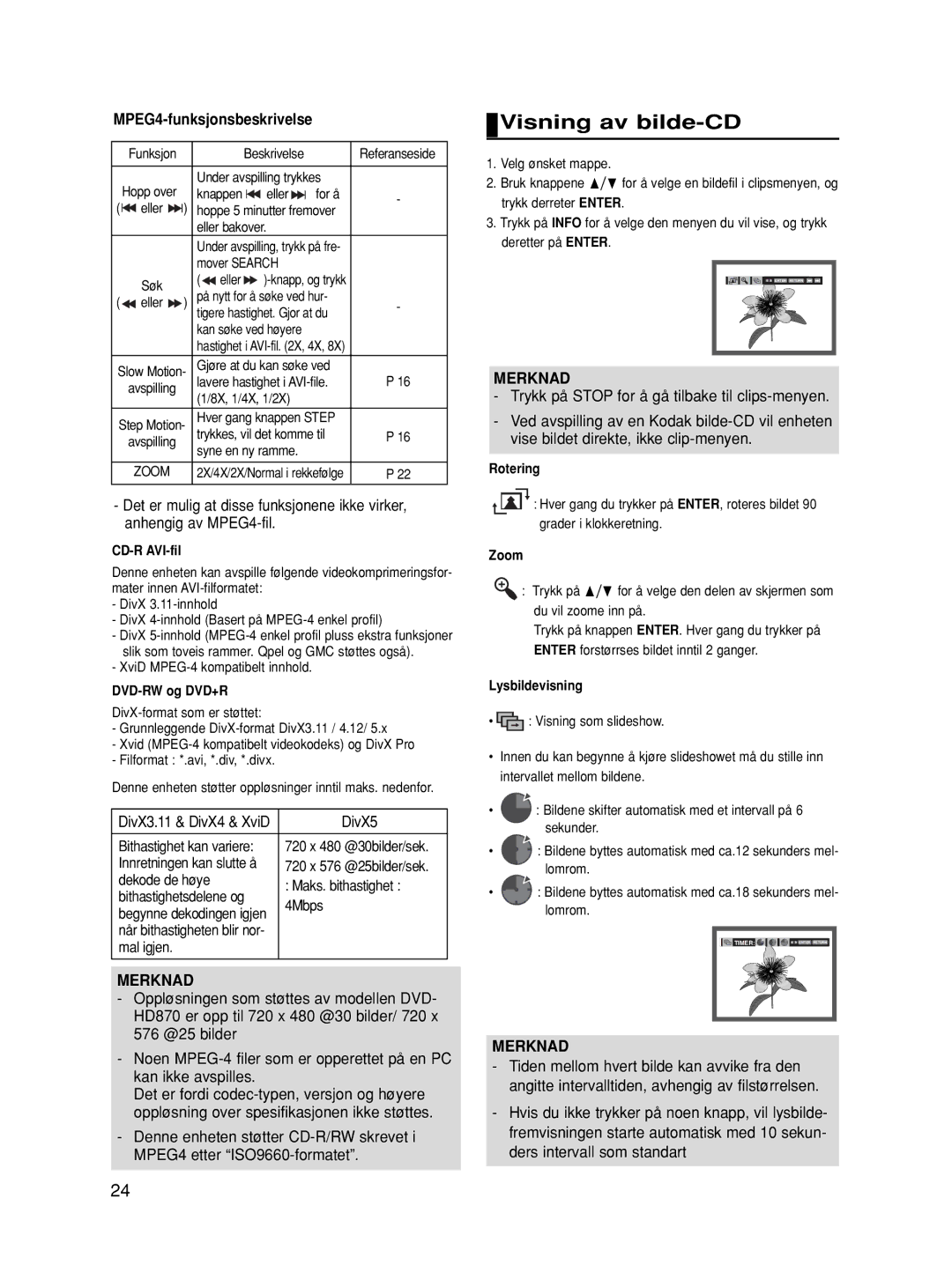 Samsung DVD-HD870/XEE manual Visning av bilde-CD, MPEG4-funksjonsbeskrivelse 