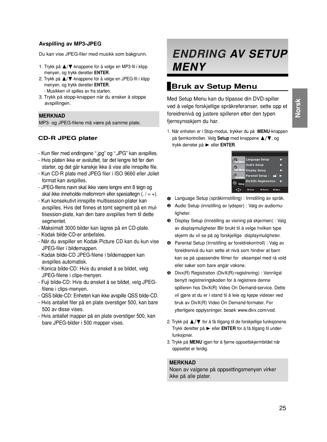 Samsung DVD-HD870/XEE manual Endring AV Setup Meny, Bruk av Setup Menu, Avspilling av MP3-JPEG, CD-R Jpeg plater 