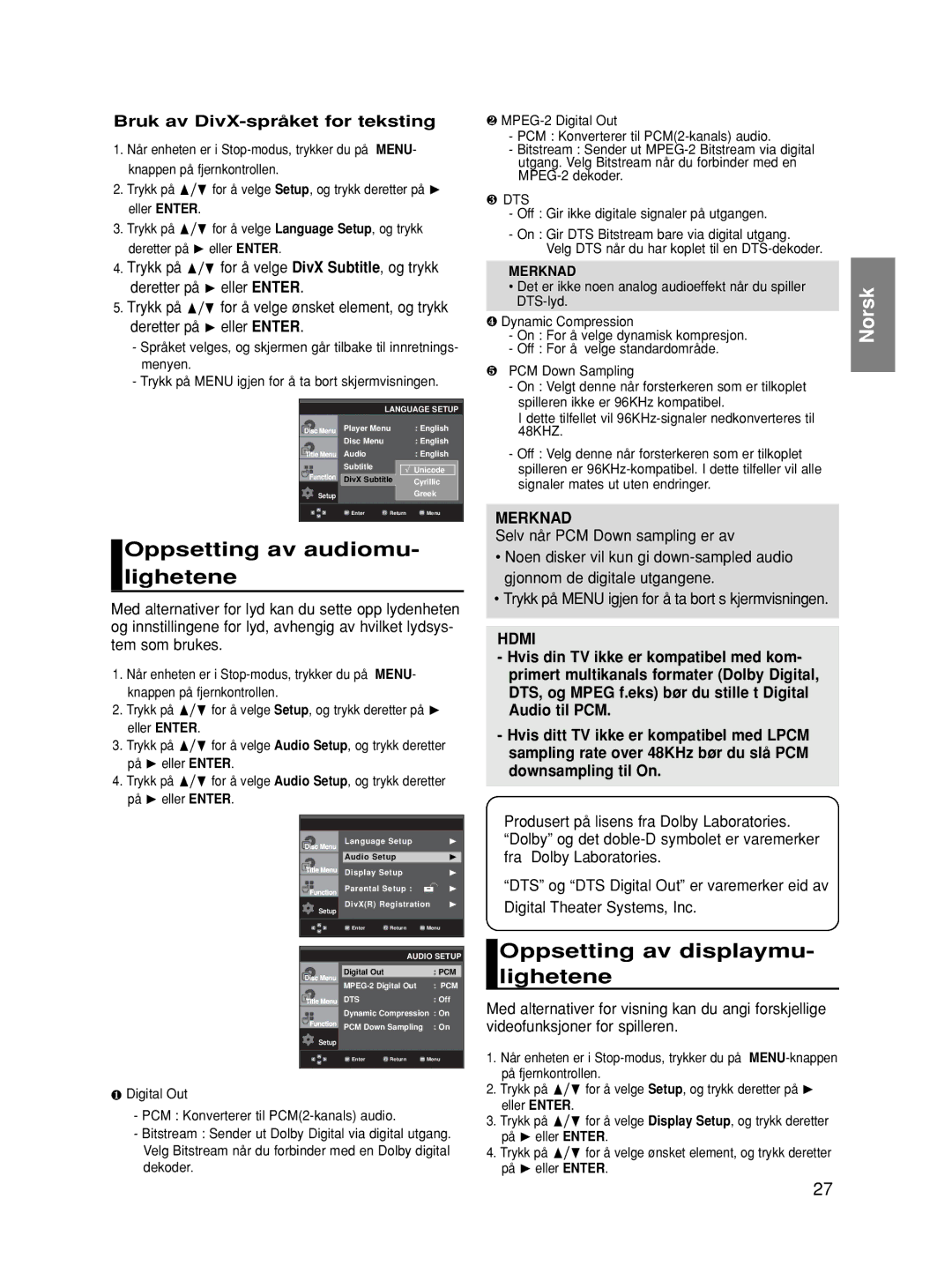 Samsung DVD-HD870/XEE manual Oppsetting av audiomu- lighetene, Oppsetting av displaymu- lighetene, Merknad 