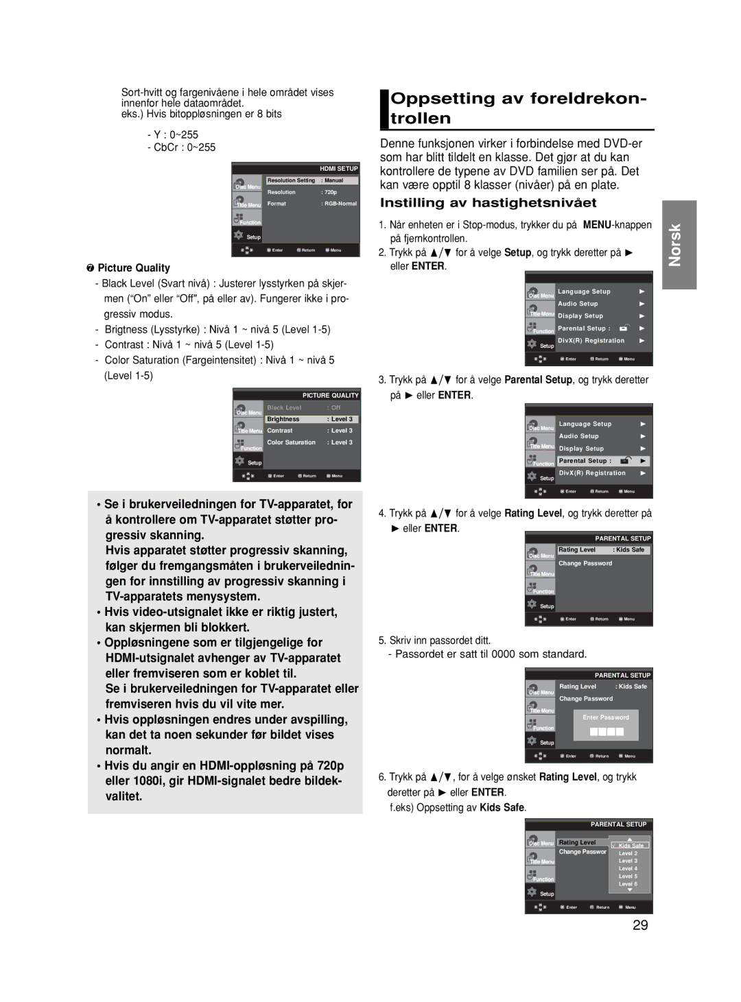 Samsung DVD-HD870/XEE manual Oppsetting av foreldrekon- trollen, Instilling av hastighetsnivået 