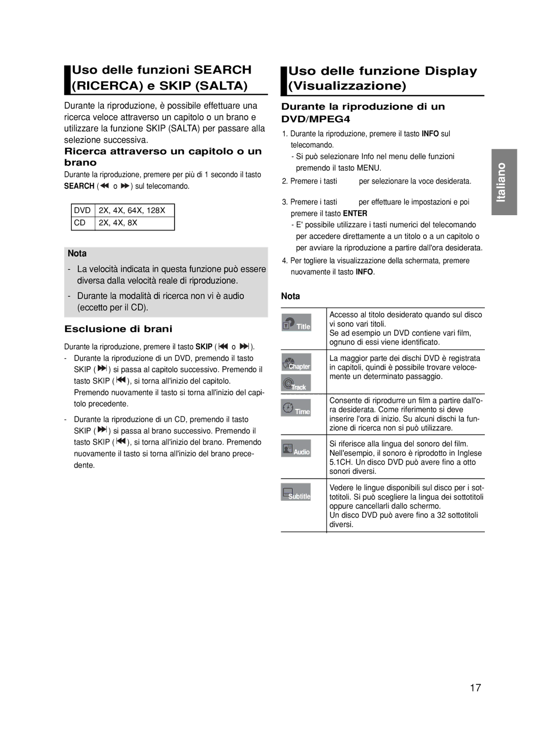 Samsung DVD-HD870/XET manual Uso delle funzioni Search Ricerca e Skip Salta, Uso delle funzione Display Visualizzazione 