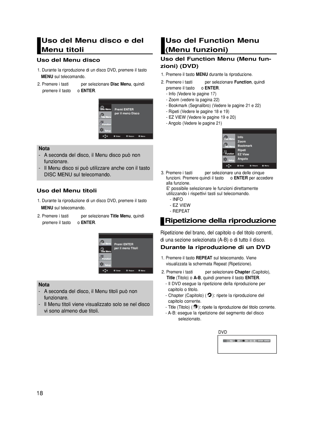 Samsung DVD-HD870/XEF, DVD-HD870/XET manual Uso del Menu disco e del Menu titoli, Uso del Function Menu Menu funzioni 