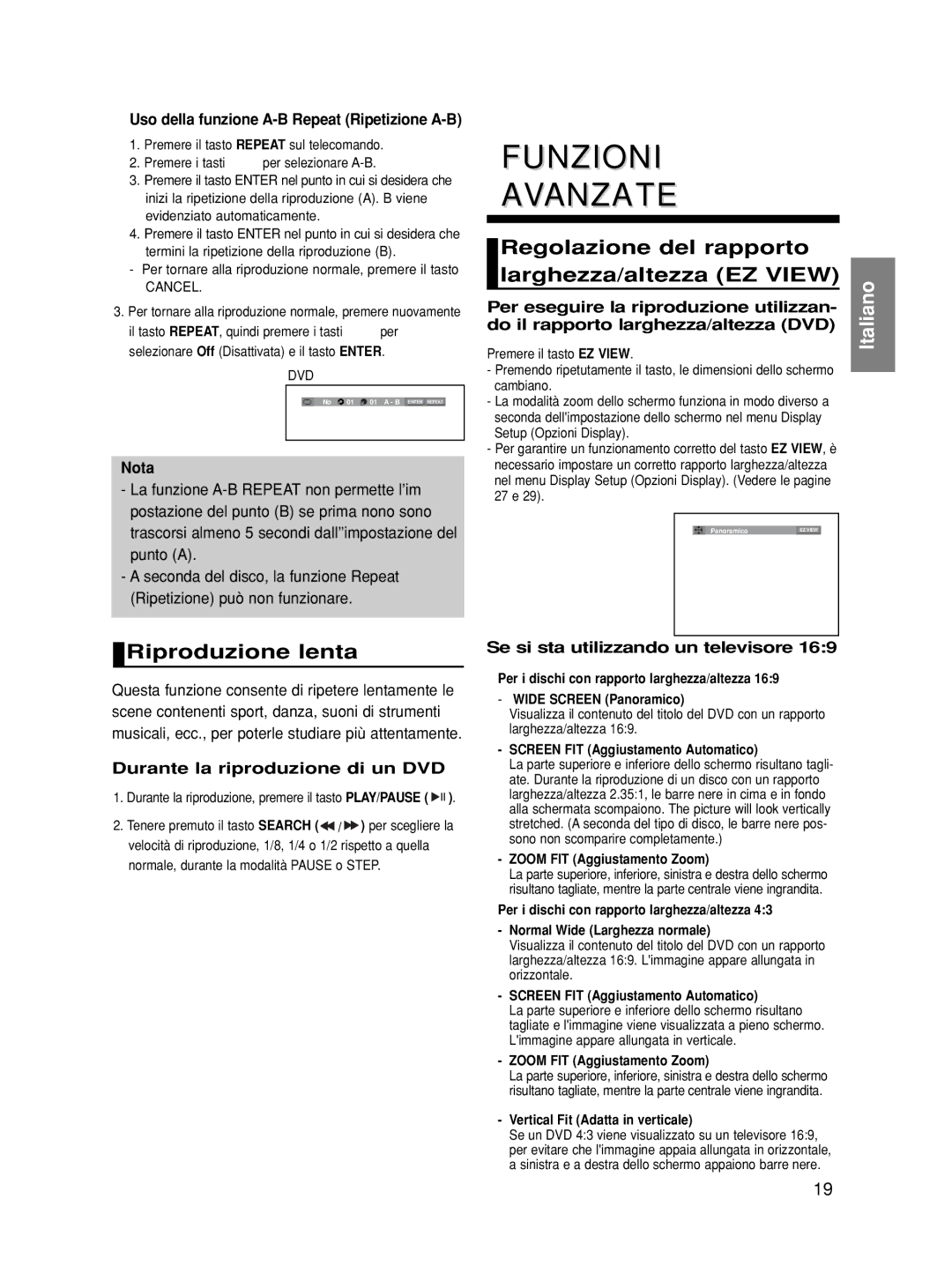 Samsung DVD-HD870/XET manual Funzioni Avanzate, Regolazione del rapporto larghezza/altezza EZ View, Riproduzione lenta 