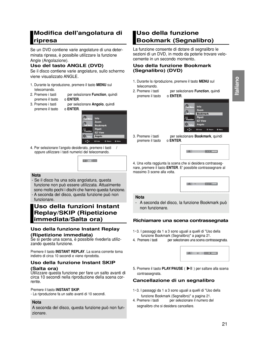 Samsung DVD-HD870/XET, DVD-HD870/XEF manual Modifica dellangolatura di ripresa, Uso della funzione Bookmark Segnalibro 