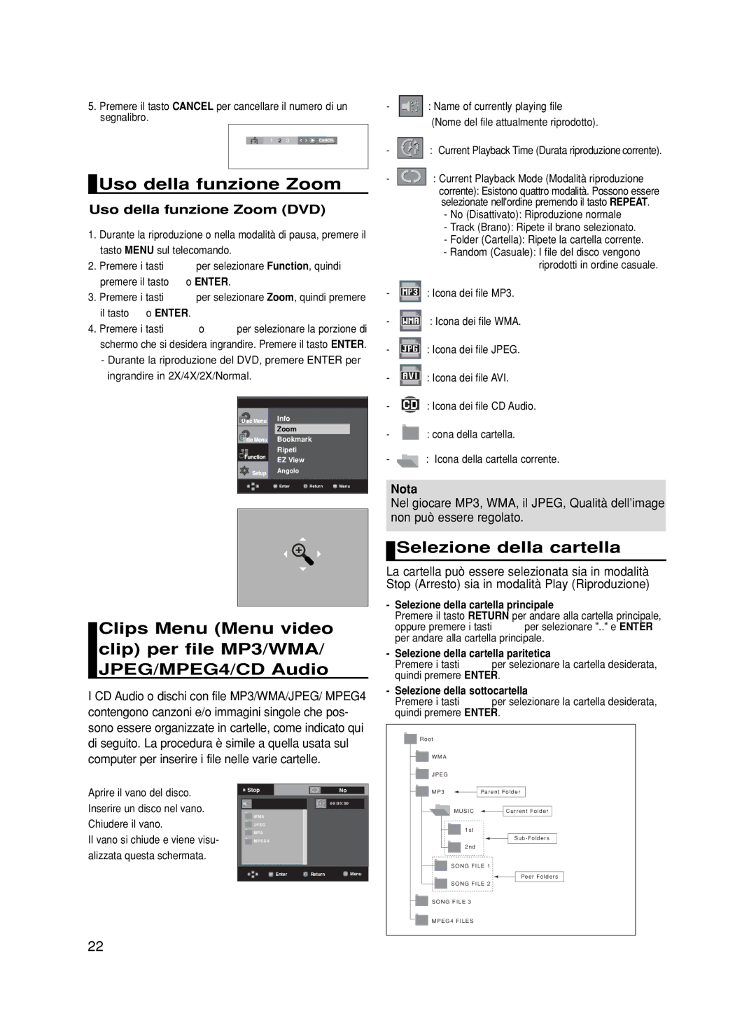 Samsung DVD-HD870/XEF, DVD-HD870/XET manual Selezione della cartella, Uso della funzione Zoom DVD 