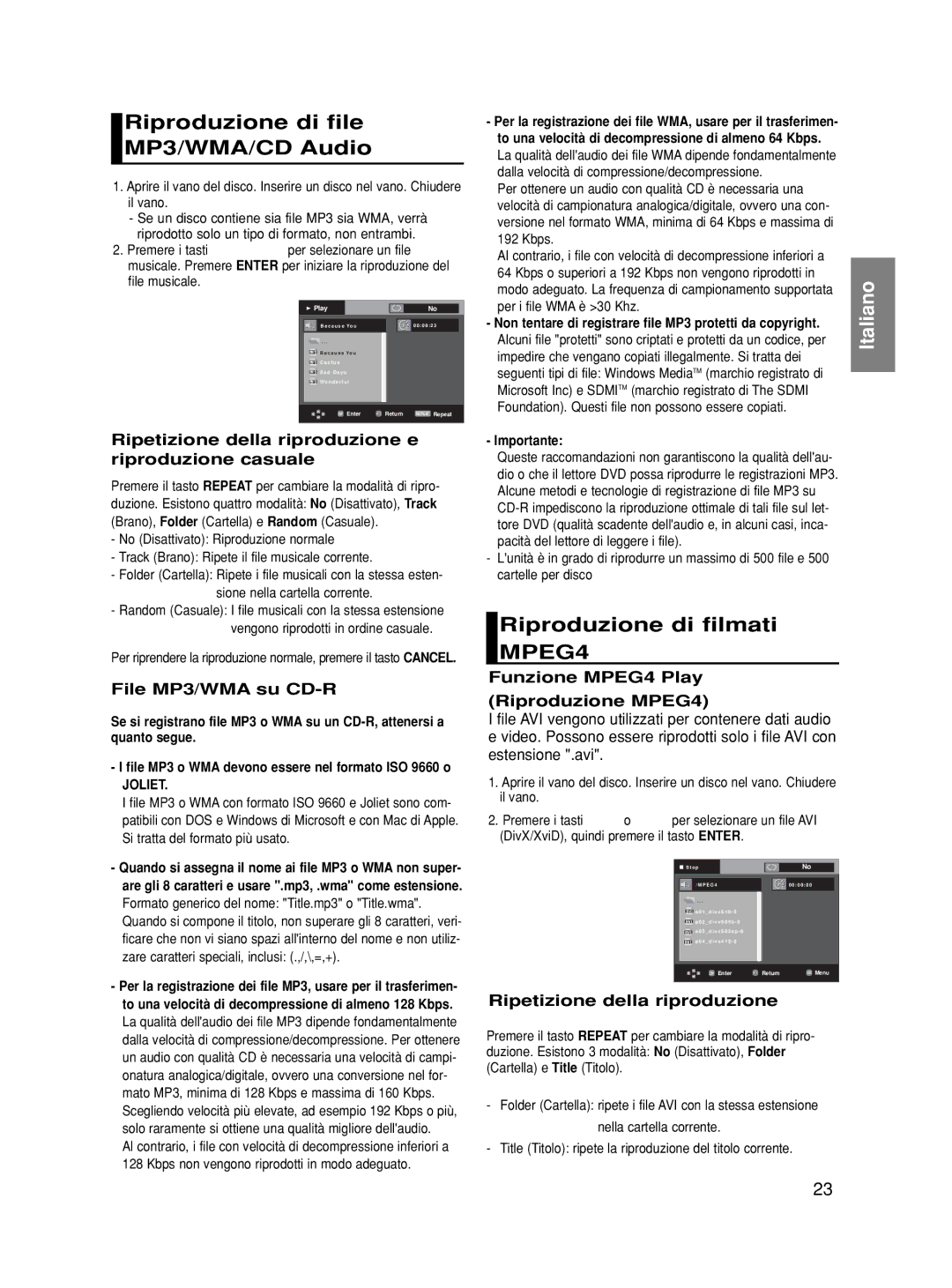 Samsung DVD-HD870/XET, DVD-HD870/XEF manual Riproduzione di file MP3/WMA/CD Audio, Riproduzione di filmati MPEG4 