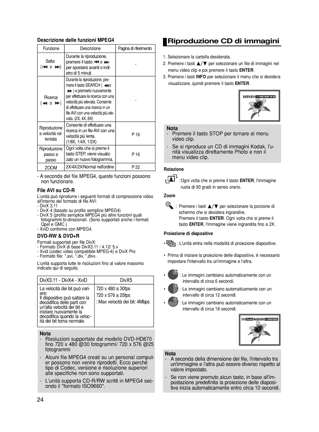 Samsung DVD-HD870/XEF, DVD-HD870/XET manual Riproduzione CD di immagini, Descrizione delle funzioni MPEG4, File AVI su CD-R 