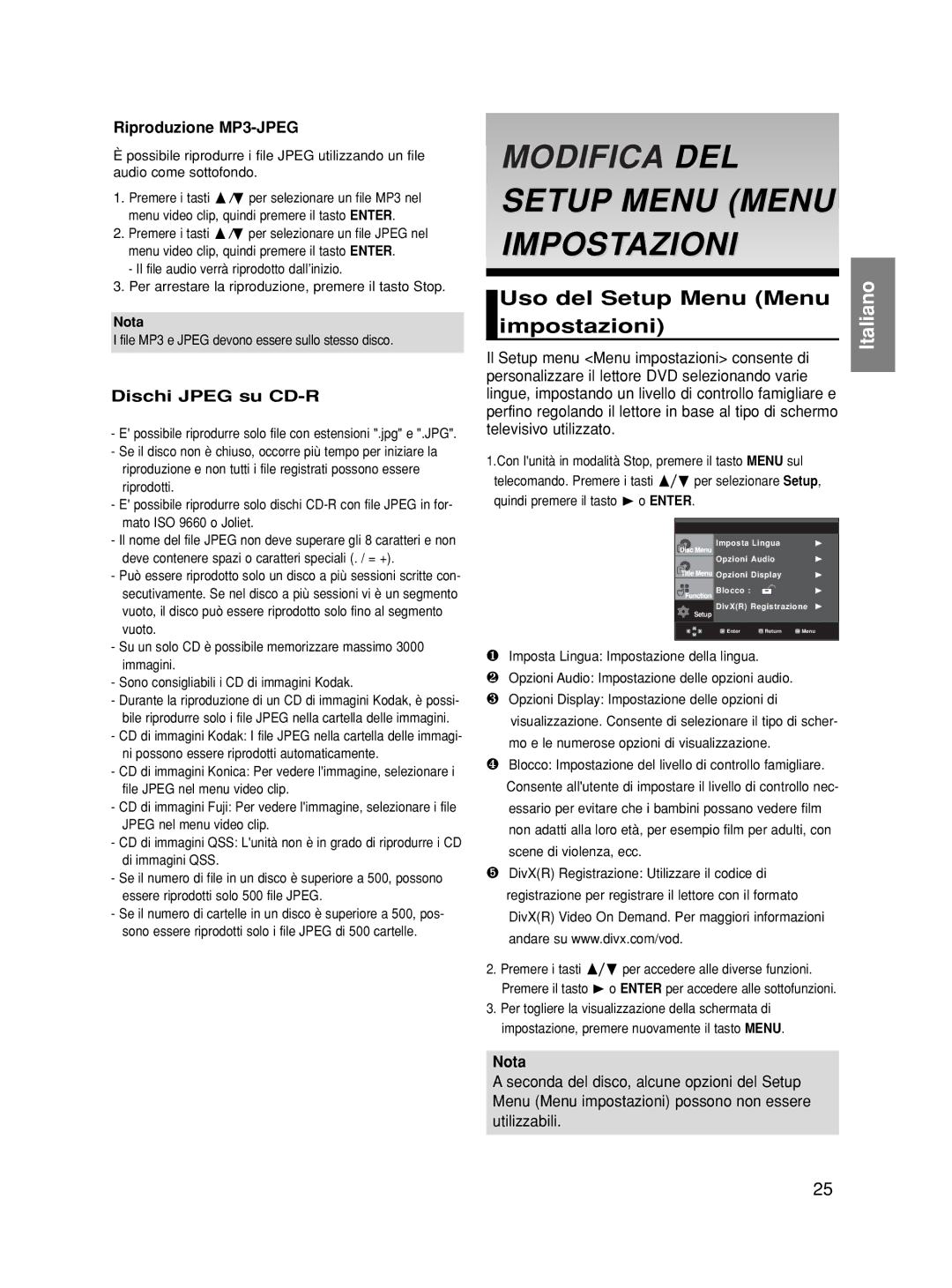 Samsung DVD-HD870/XET manual Uso del Setup Menu Menu impostazioni, Riproduzione MP3-JPEG, Dischi Jpeg su CD-R, Nota 