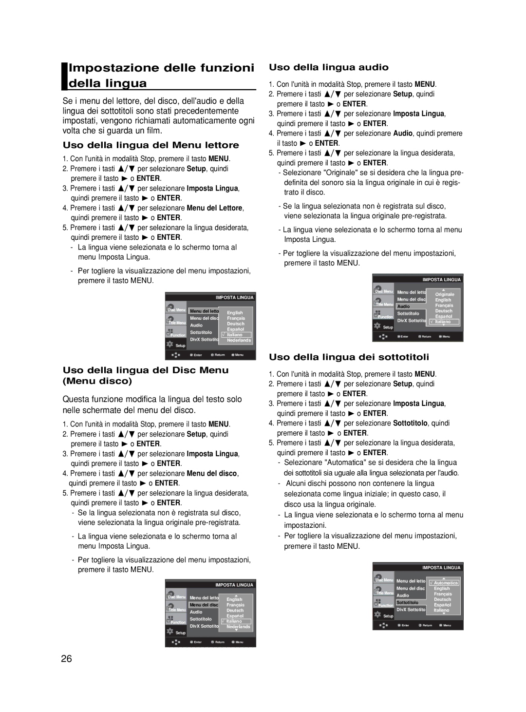 Samsung DVD-HD870/XEF Impostazione delle funzioni della lingua, Uso della lingua del Menu lettore, Uso della lingua audio 