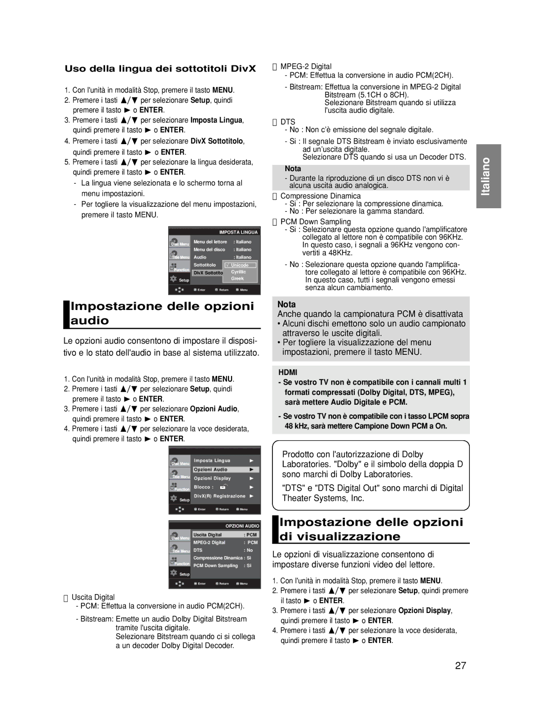 Samsung DVD-HD870/XET, DVD-HD870/XEF Impostazione delle opzioni audio, Impostazione delle opzioni di visualizzazione, Hdmi 