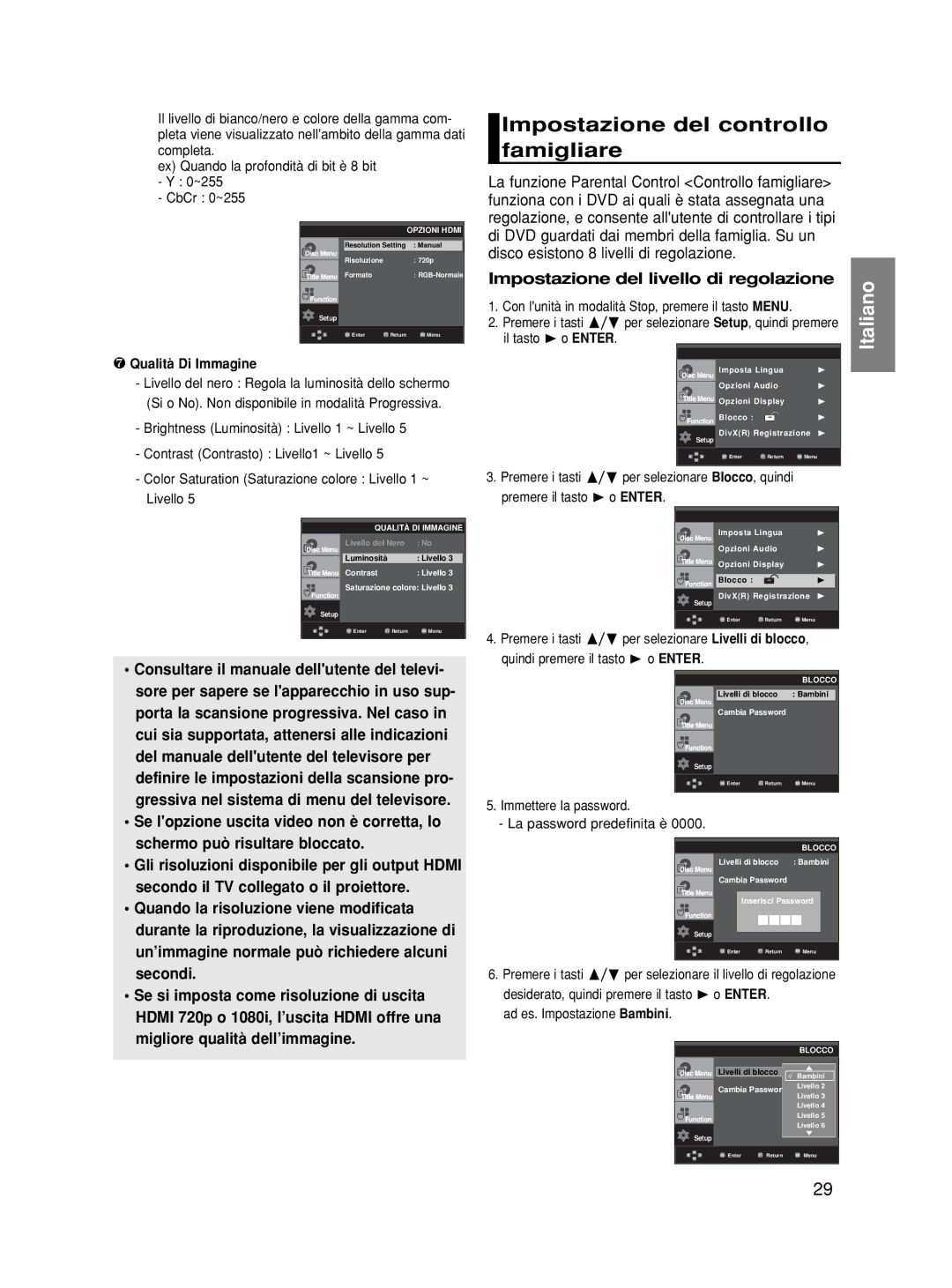 Samsung DVD-HD870/XET, DVD-HD870/XEF manual Impostazione del controllo famigliare, Impostazione del livello di regolazione 