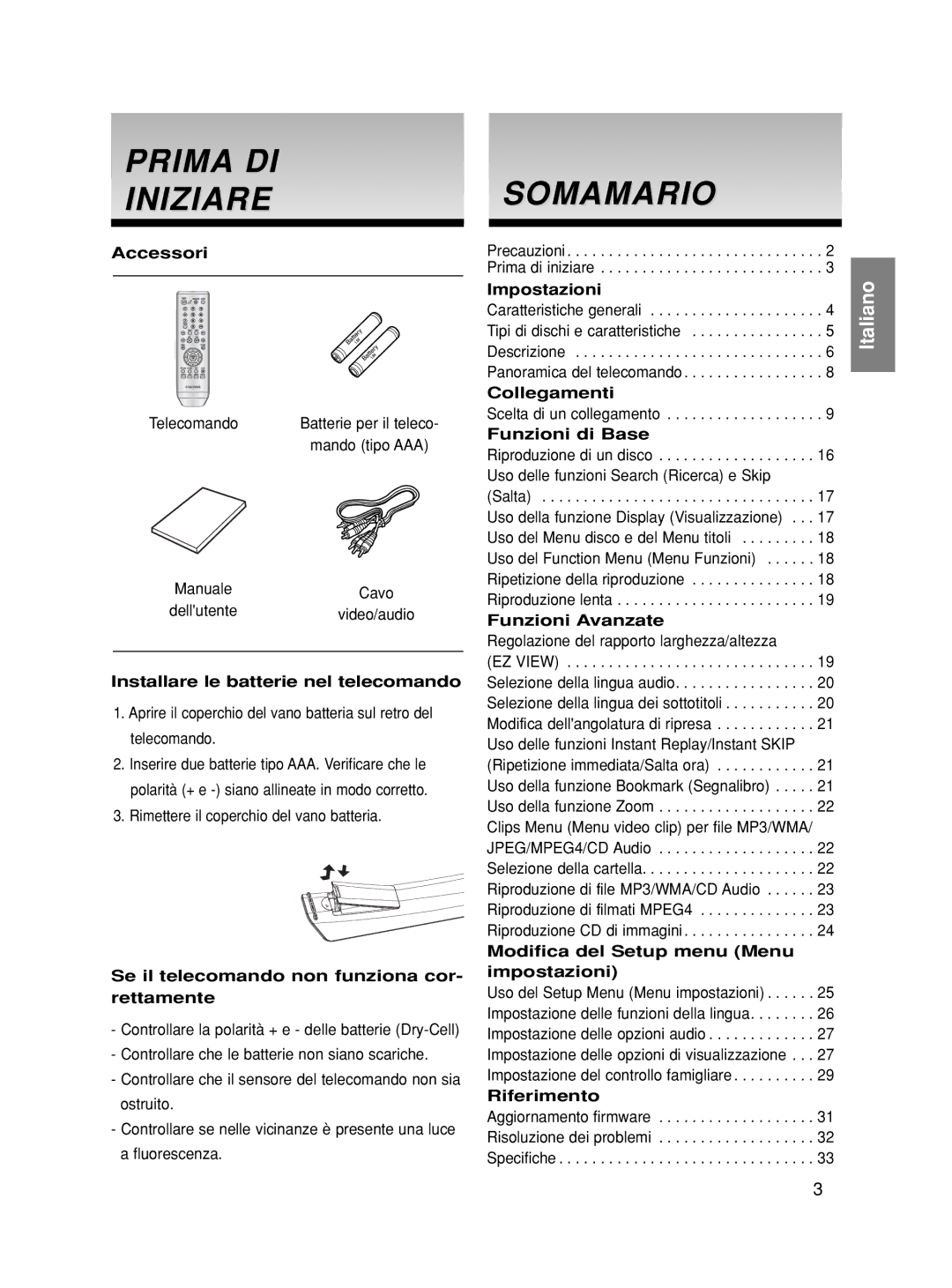 Samsung DVD-HD870/XET, DVD-HD870/XEF manual Prima DI Iniziare, Somamario 