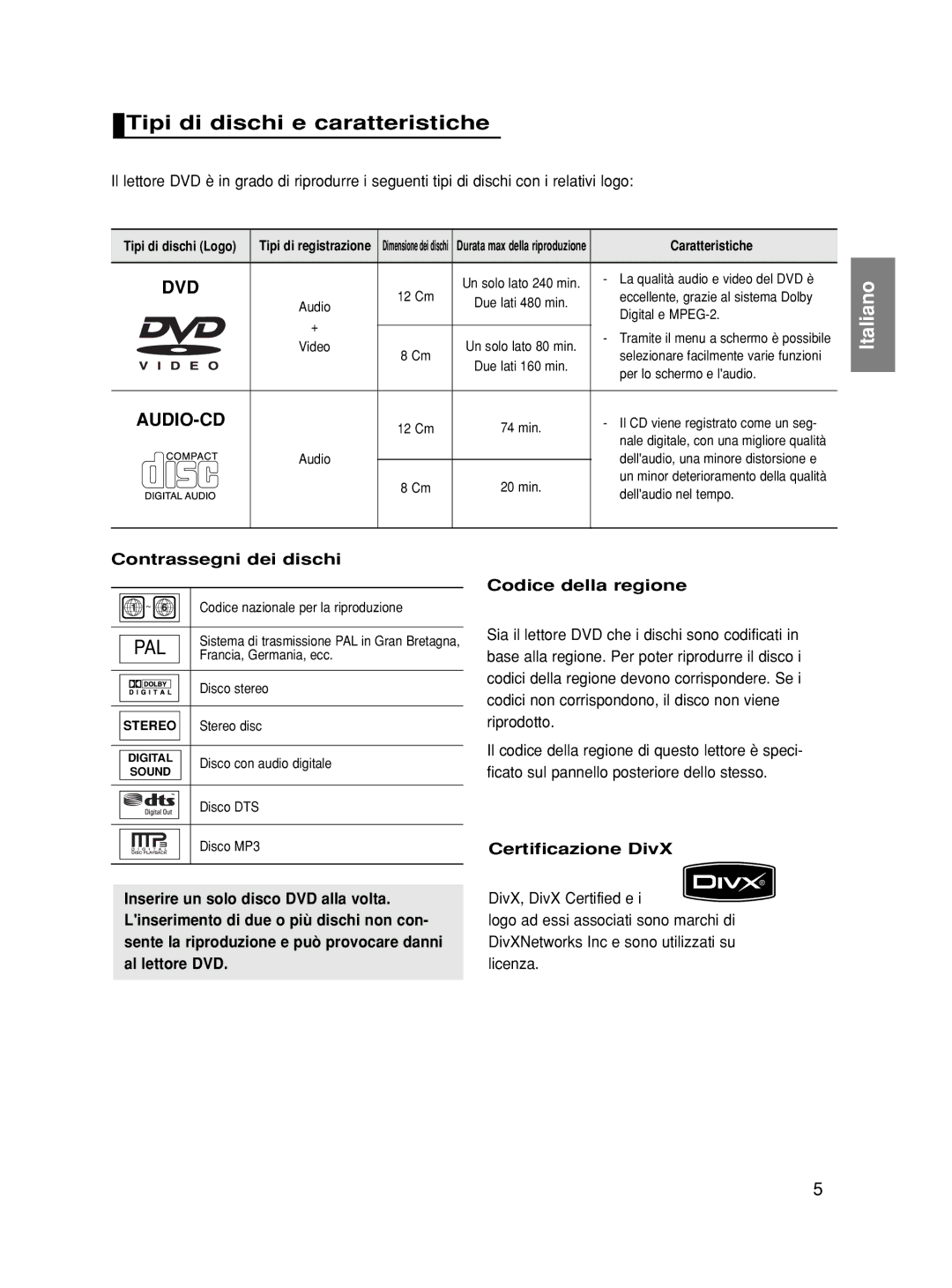 Samsung DVD-HD870/XET Tipi di dischi e caratteristiche, Contrassegni dei dischi, Certificazione DivX, Caratteristiche 