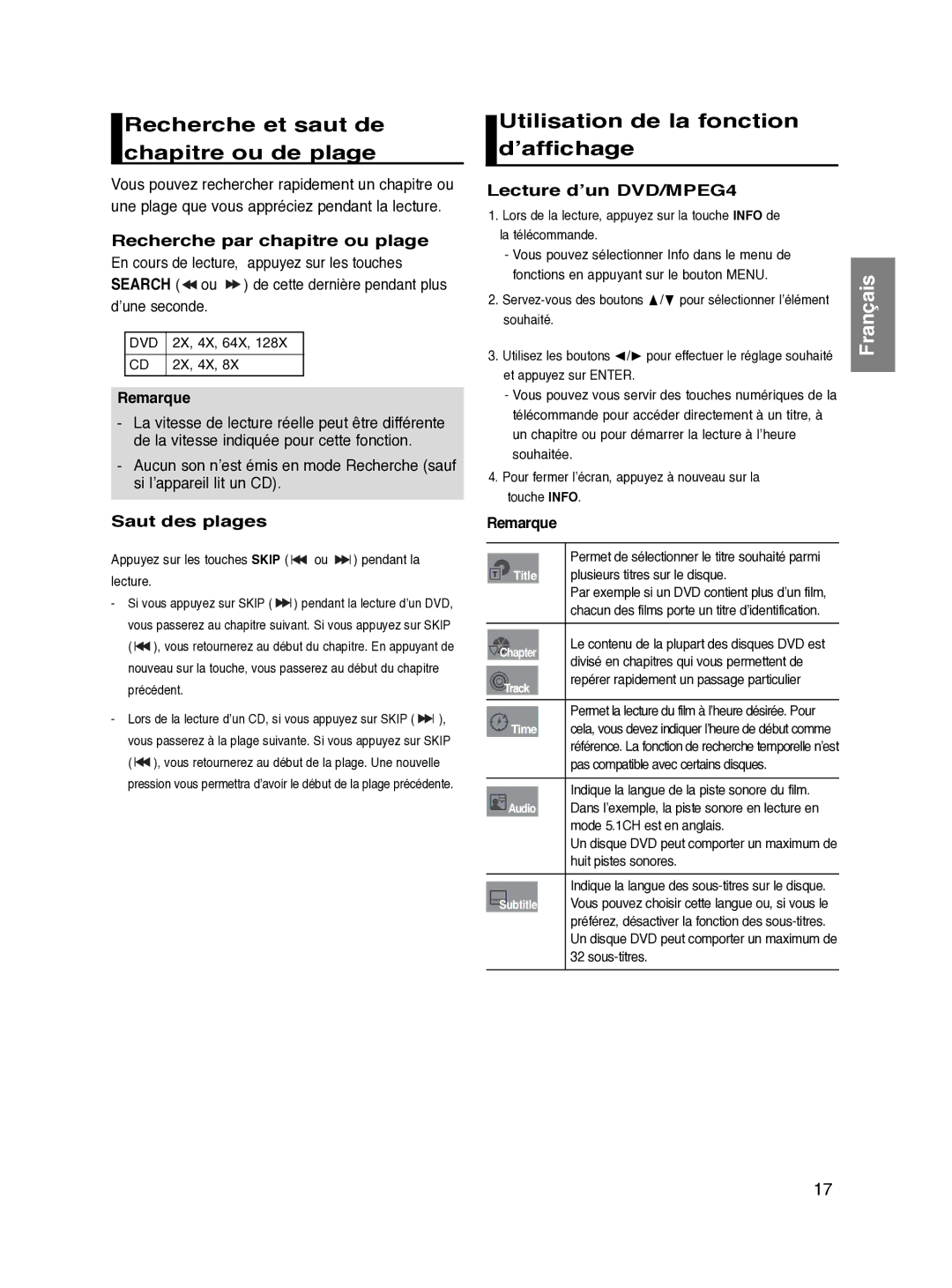 Samsung DVD-HD870/XEF Recherche et saut de chapitre ou de plage, Utilisation de la fonction d’affichage, Saut des plages 