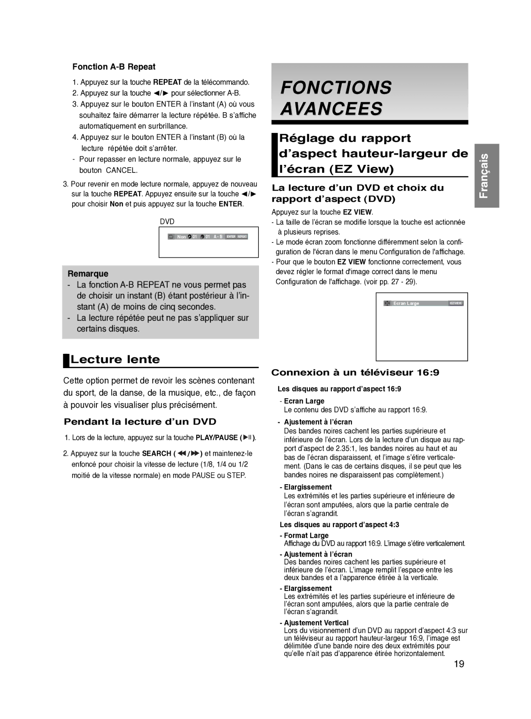 Samsung DVD-HD870/XEF manual Fonctions Avancees, Lecture lente 