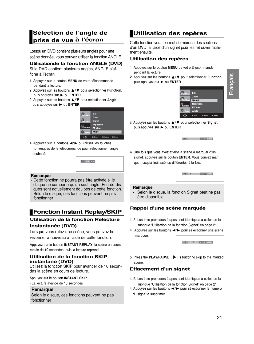 Samsung DVD-HD870/XEF manual Sélection de l’angle de prise de vue à l’écran, Utilisation des repères 