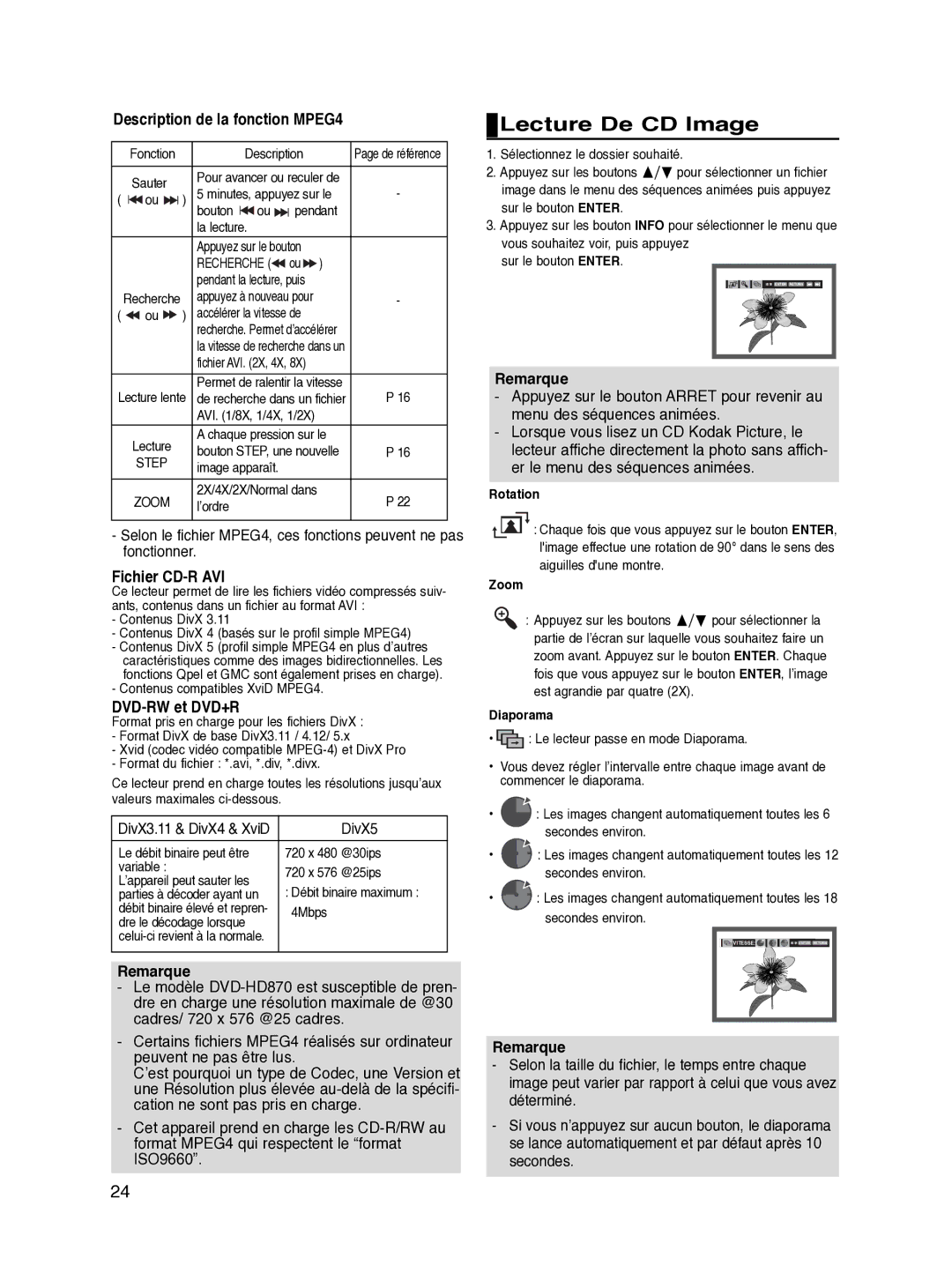 Samsung DVD-HD870/XEF manual Lecture De CD Image, Description de la fonction MPEG4, Fichier CD-R AVI, DVD-RW et DVD+R 