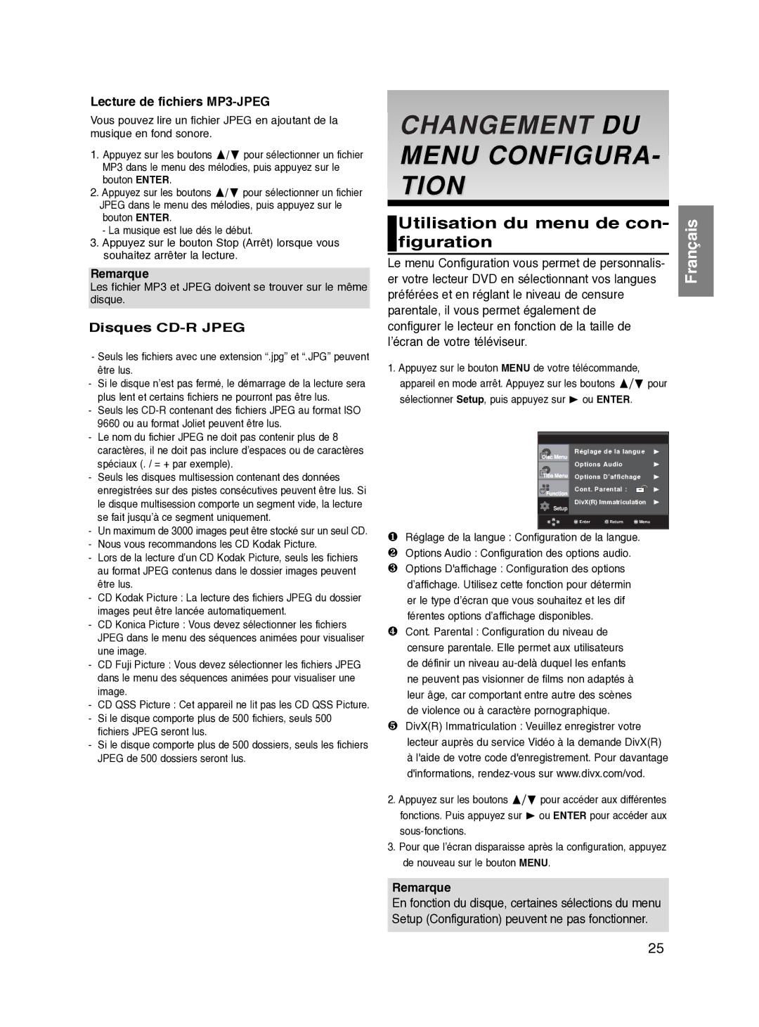 Samsung DVD-HD870/XEF manual Utilisation du menu de con, Lecture de fichiers MP3-JPEG, Disques CD-R Jpeg 