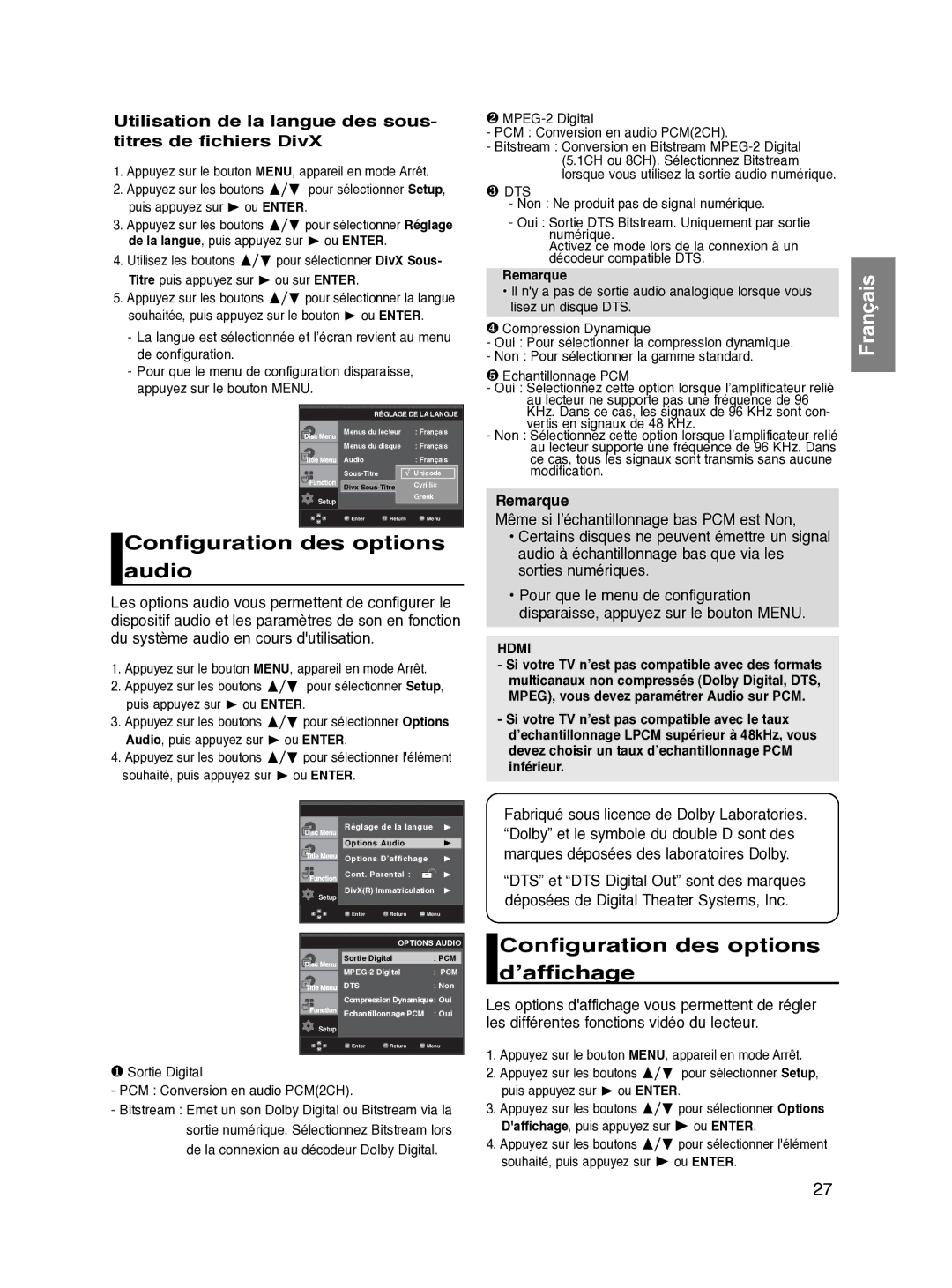 Samsung DVD-HD870/XEF manual Configuration des options audio, Configuration des options d’affichage, Remarque 