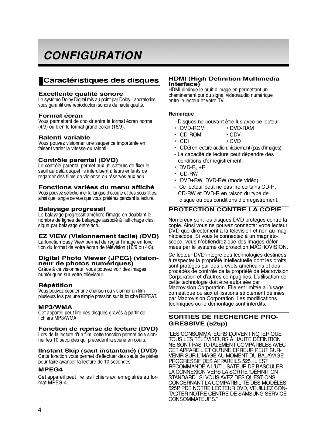 Samsung DVD-HD870/XEF manual Configuration, Caractéristiques des disques 