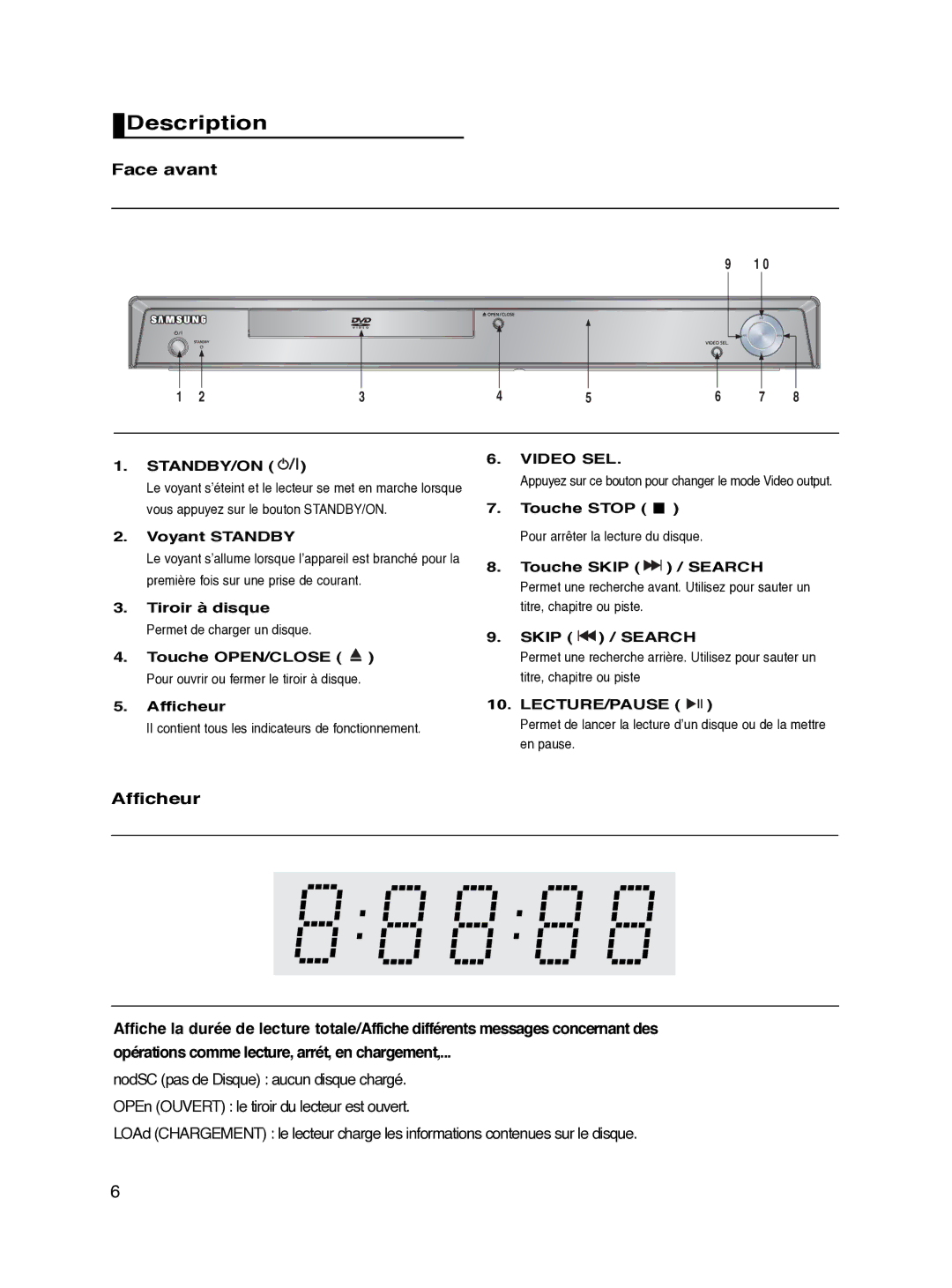 Samsung DVD-HD870/XEF manual Description, Face avant 