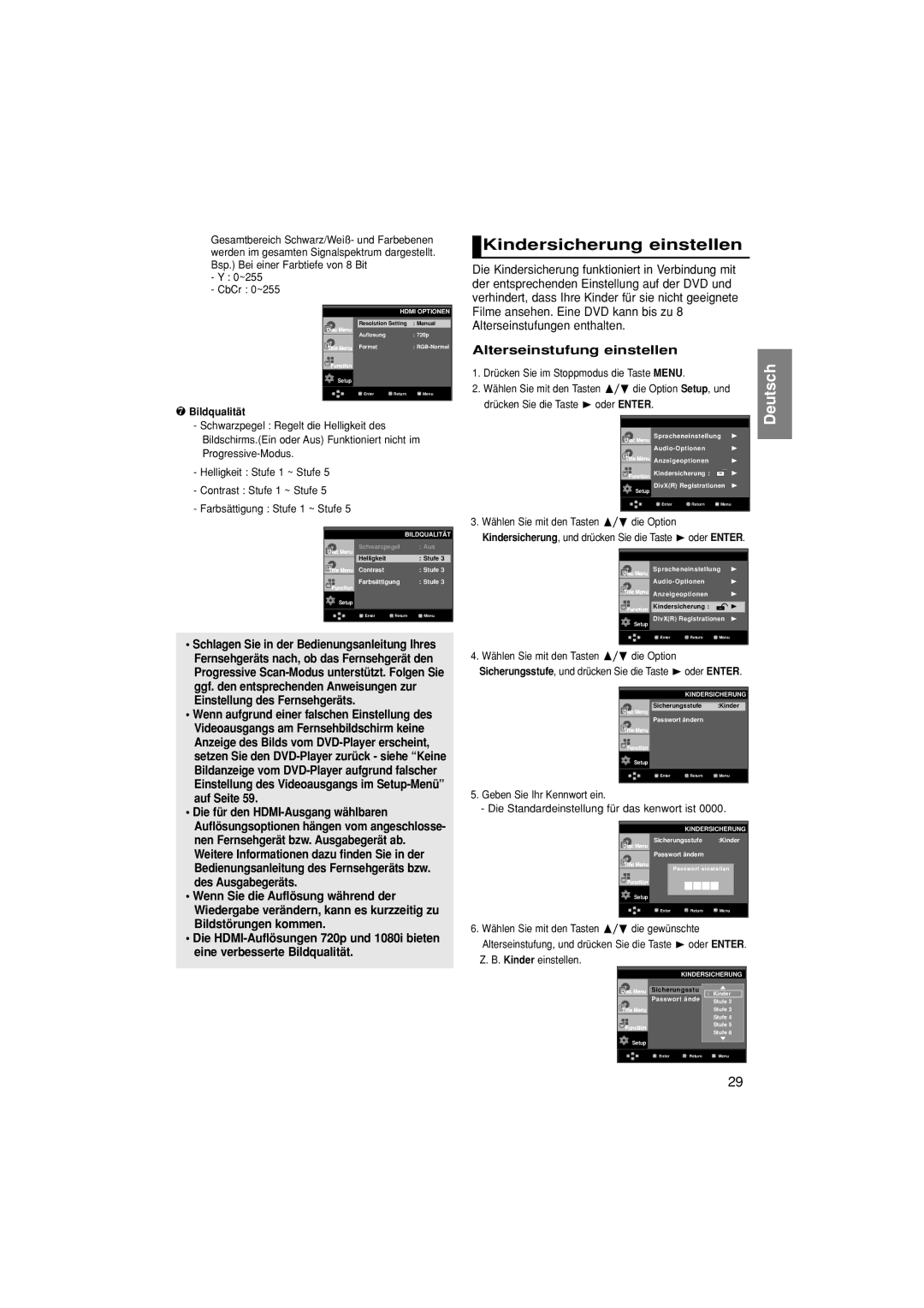 Samsung DVD-HD870/XEG manual Kindersicherung einstellen, Alterseinstufung einstellen, ~255 CbCr 0~255, ❼ Bildqualität 