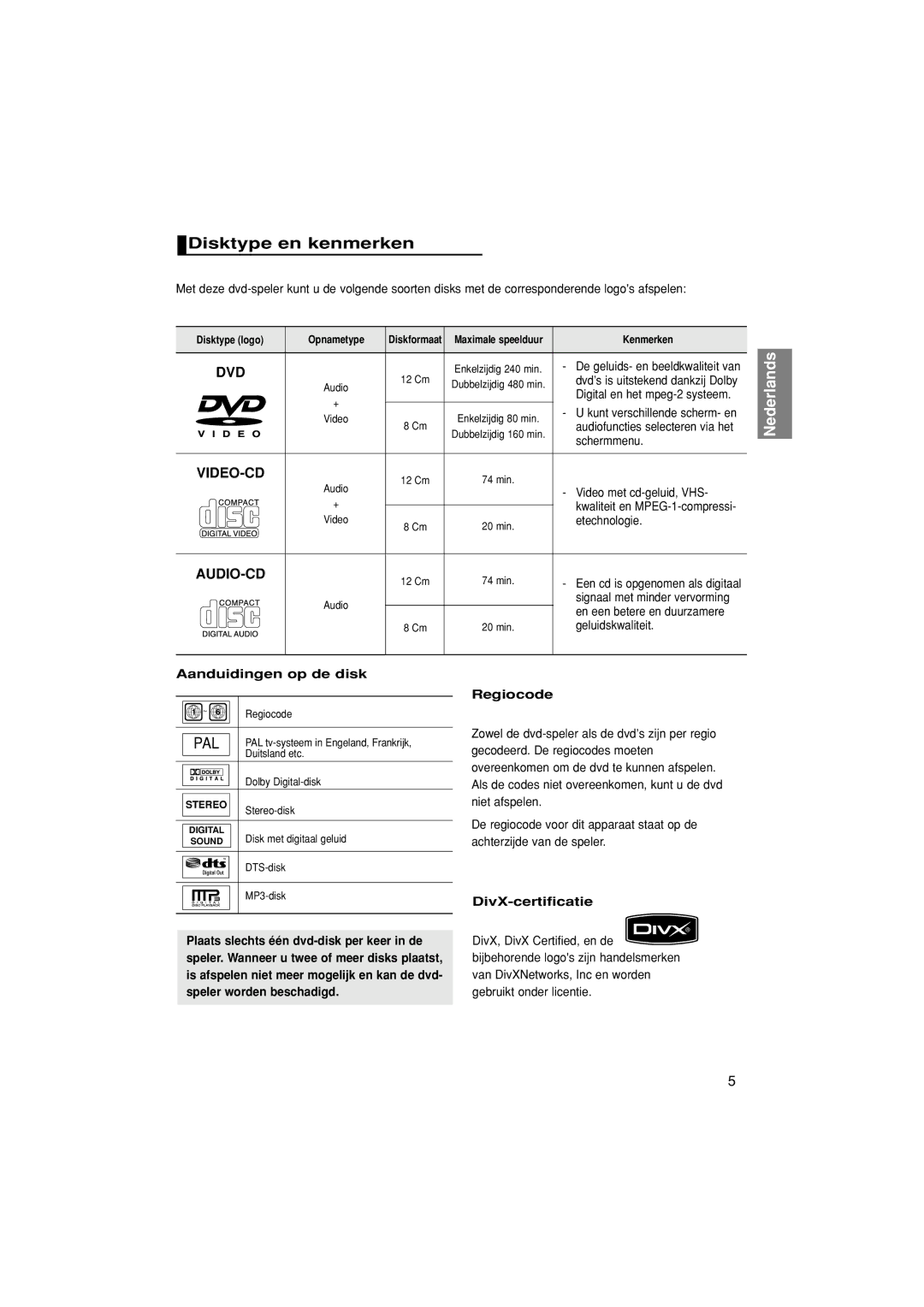 Samsung DVD-HD870/XEL, DVD-HD870/XEG manual Disktype en kenmerken 