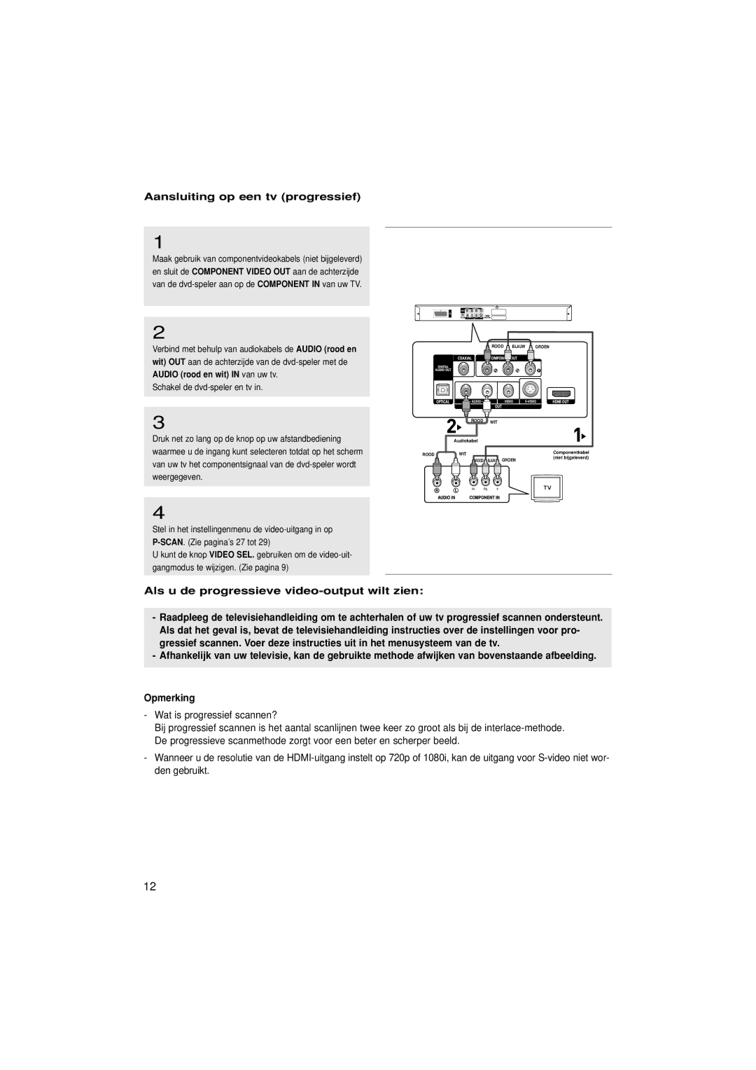 Samsung DVD-HD870/XEG, DVD-HD870/XEL manual Aansluiting op een tv progressief, Als u de progressieve video-output wilt zien 