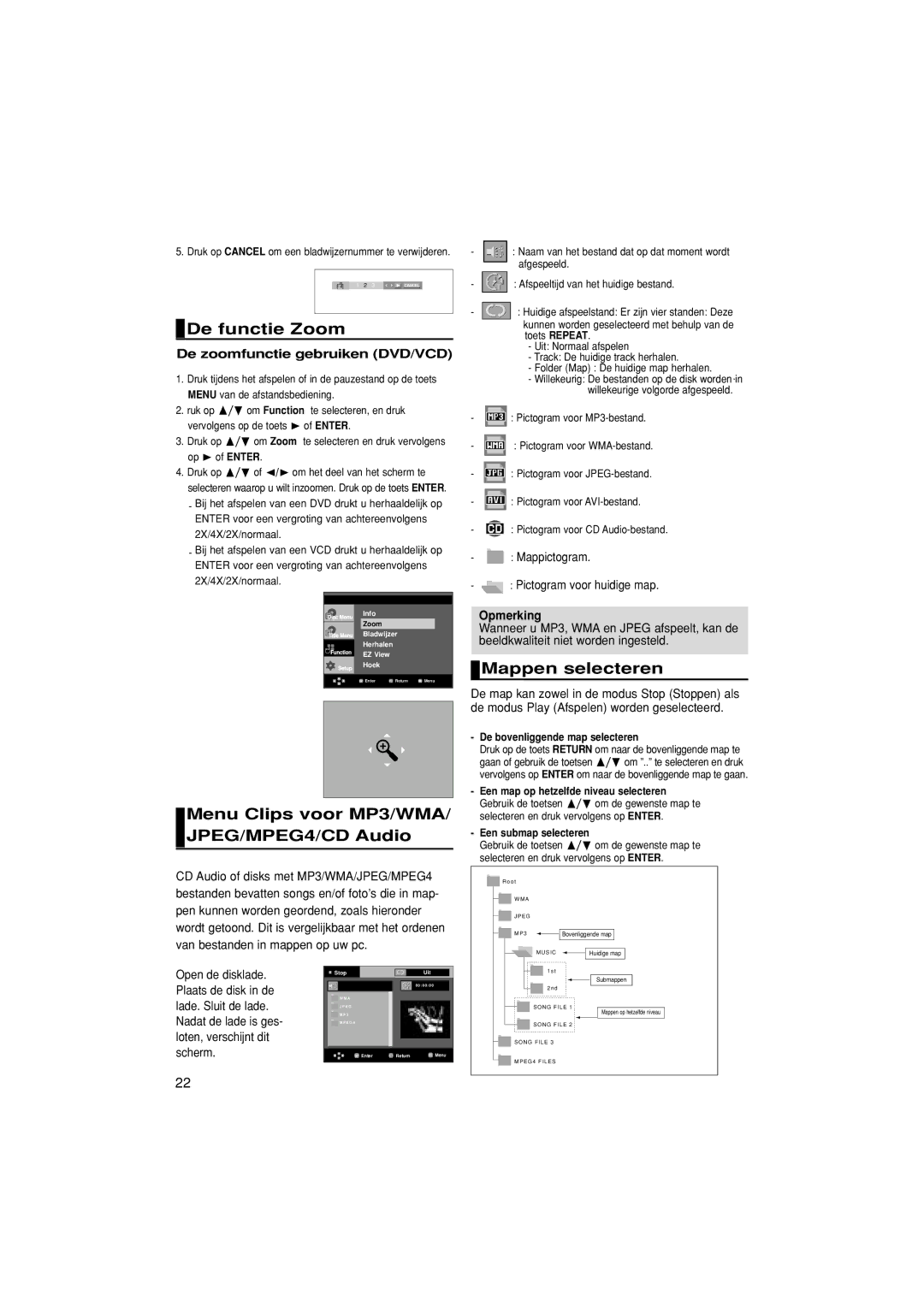 Samsung DVD-HD870/XEG, DVD-HD870/XEL manual De functie Zoom, Menu Clips voor MP3/WMA/ JPEG/MPEG4/CD Audio, Mappen selecteren 