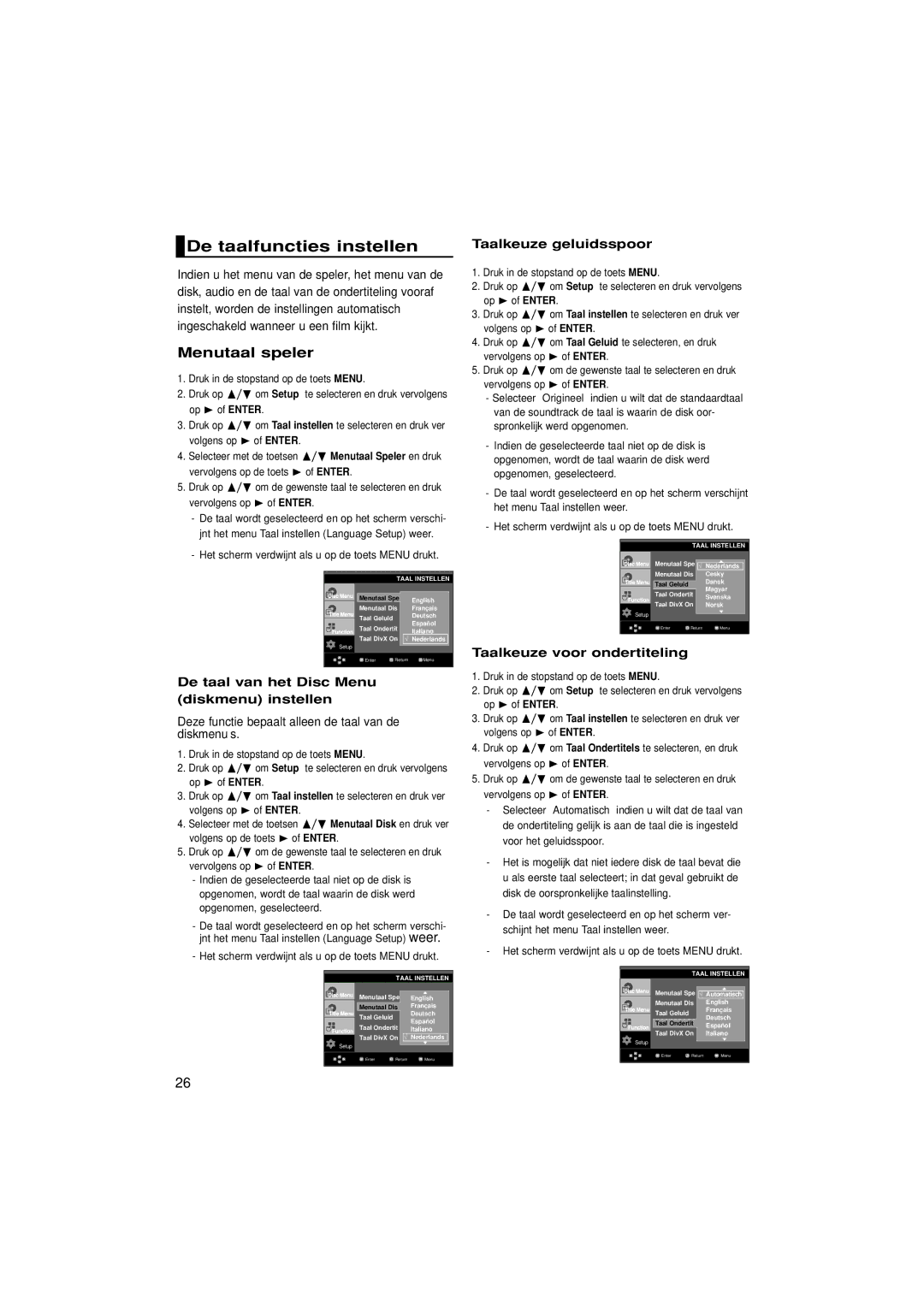 Samsung DVD-HD870/XEG De taalfuncties instellen, De taal van het Disc Menu diskmenu instellen, Taalkeuze geluidsspoor 