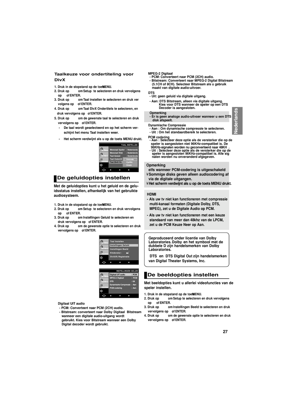 Samsung DVD-HD870/XEL manual De geluidopties instellen, De beeldopties instellen, Taalkeuze voor ondertiteling voor DivX 