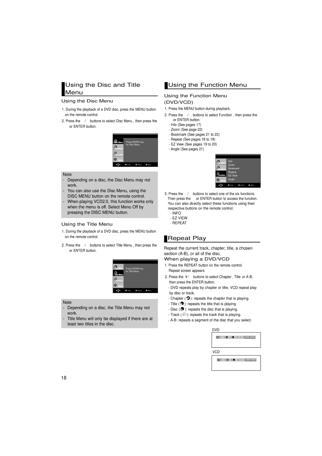 Samsung DVD-HD870/XEG, DVD-HD870/XEL manual Using the Disc and Title Menu, Using the Function Menu, Repeat Play 