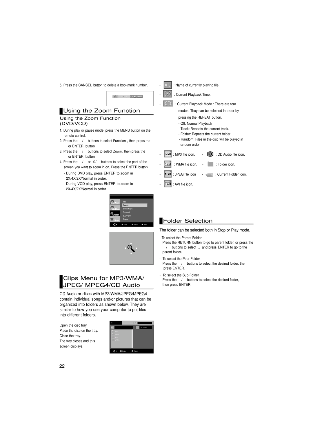 Samsung DVD-HD870/XEG manual Using the Zoom Function, Clips Menu for MP3/WMA/ JPEG/ MPEG4/CD Audio, Folder Selection 