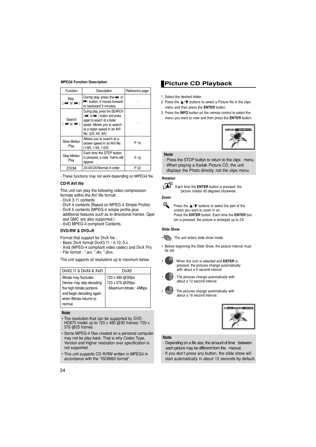 Samsung DVD-HD870/XEG manual Picture CD Playback, CD-R AVI file, DivX5, Press the Stop button to return to the clips menu 