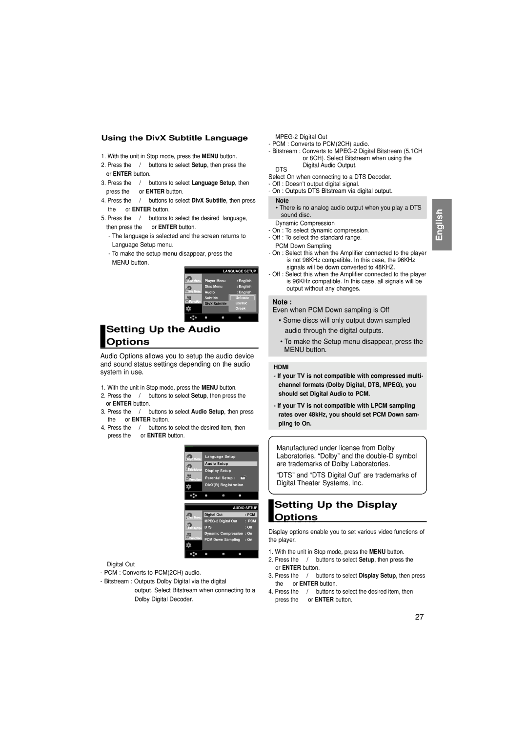 Samsung DVD-HD870/XEL manual Setting Up the Audio Options, Setting Up the Display Options, Using the DivX Subtitle Language 