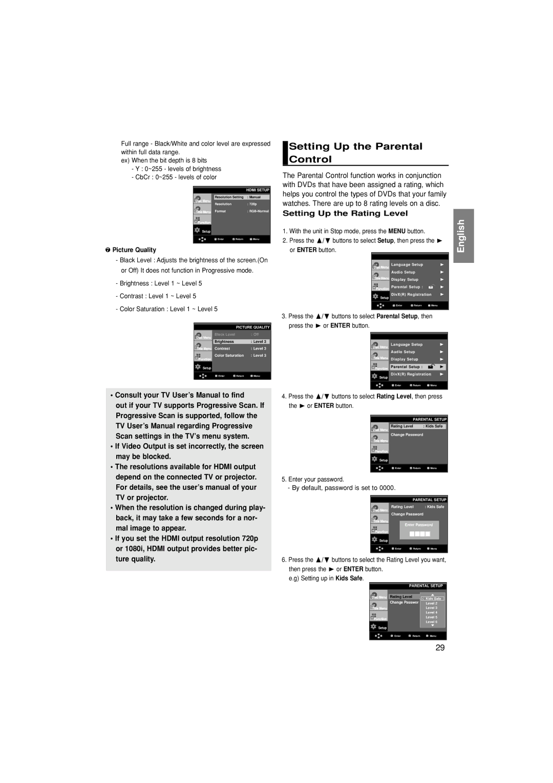 Samsung DVD-HD870/XEL Setting Up the Parental Control, Consult your TV User’s Manual to find, Setting Up the Rating Level 