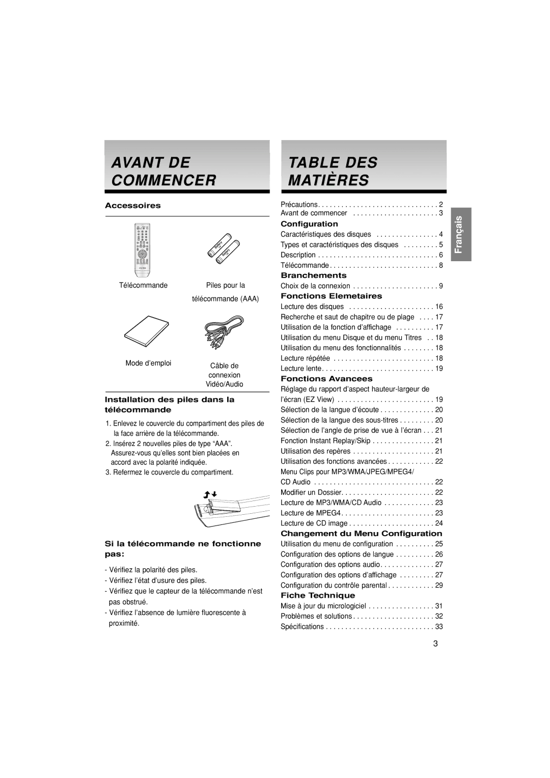 Samsung DVD-HD870/XEL, DVD-HD870/XEG manual Avant DE Commencer, Table DES Matières 