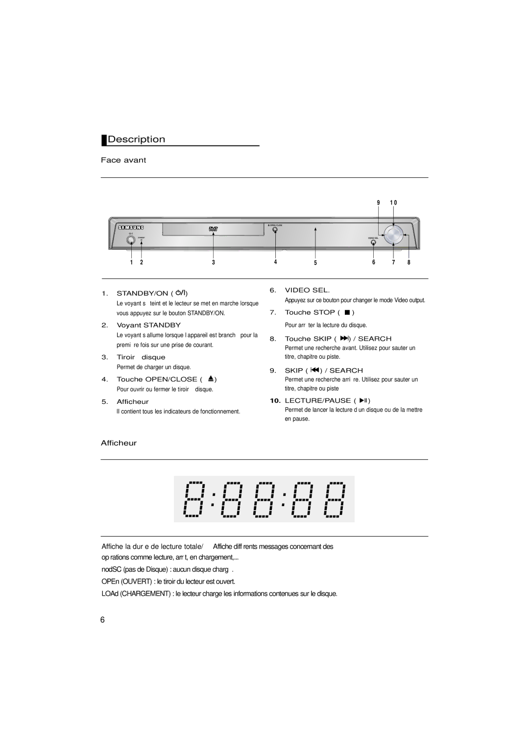 Samsung DVD-HD870/XEG manual Face avant, Voyant Standby, LI contient tous les indicateurs de fonctionnement, Lecture/Pause 