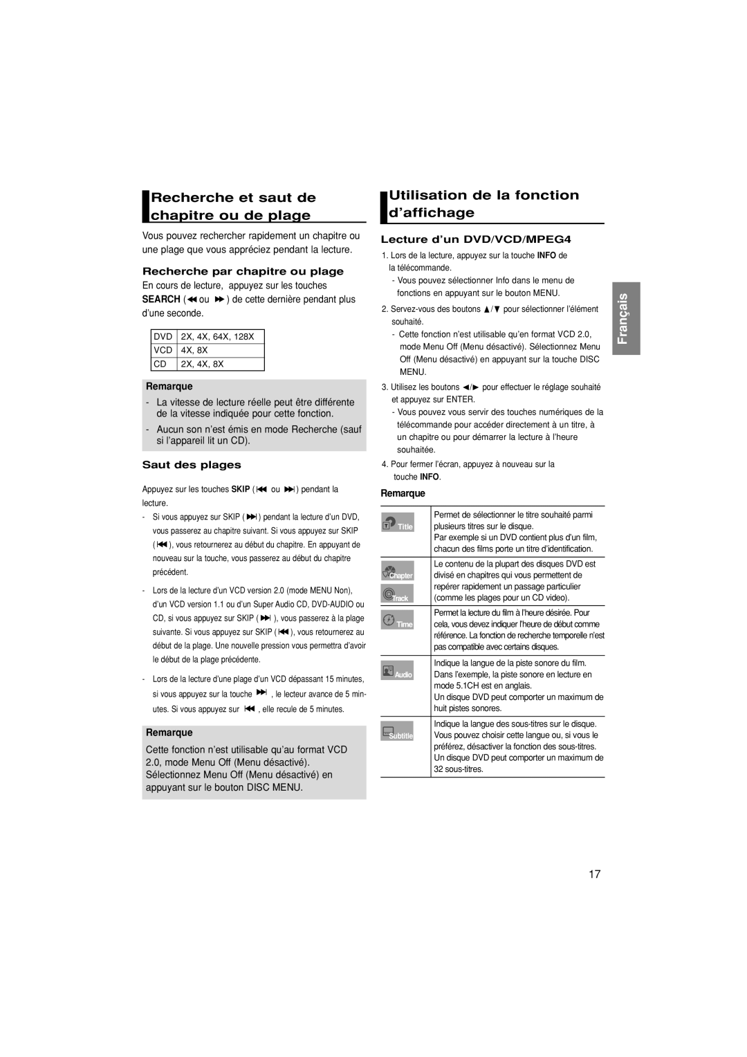 Samsung DVD-HD870/XEL Recherche et saut de chapitre ou de plage, Utilisation de la fonction d’affichage, Saut des plages 