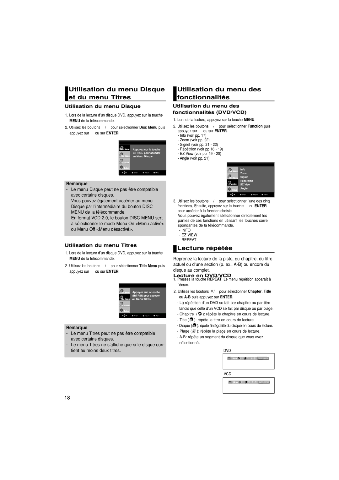 Samsung DVD-HD870/XEG, DVD-HD870/XEL Utilisation du menu Disque et du menu Titres, Utilisation du menu des fonctionnalités 