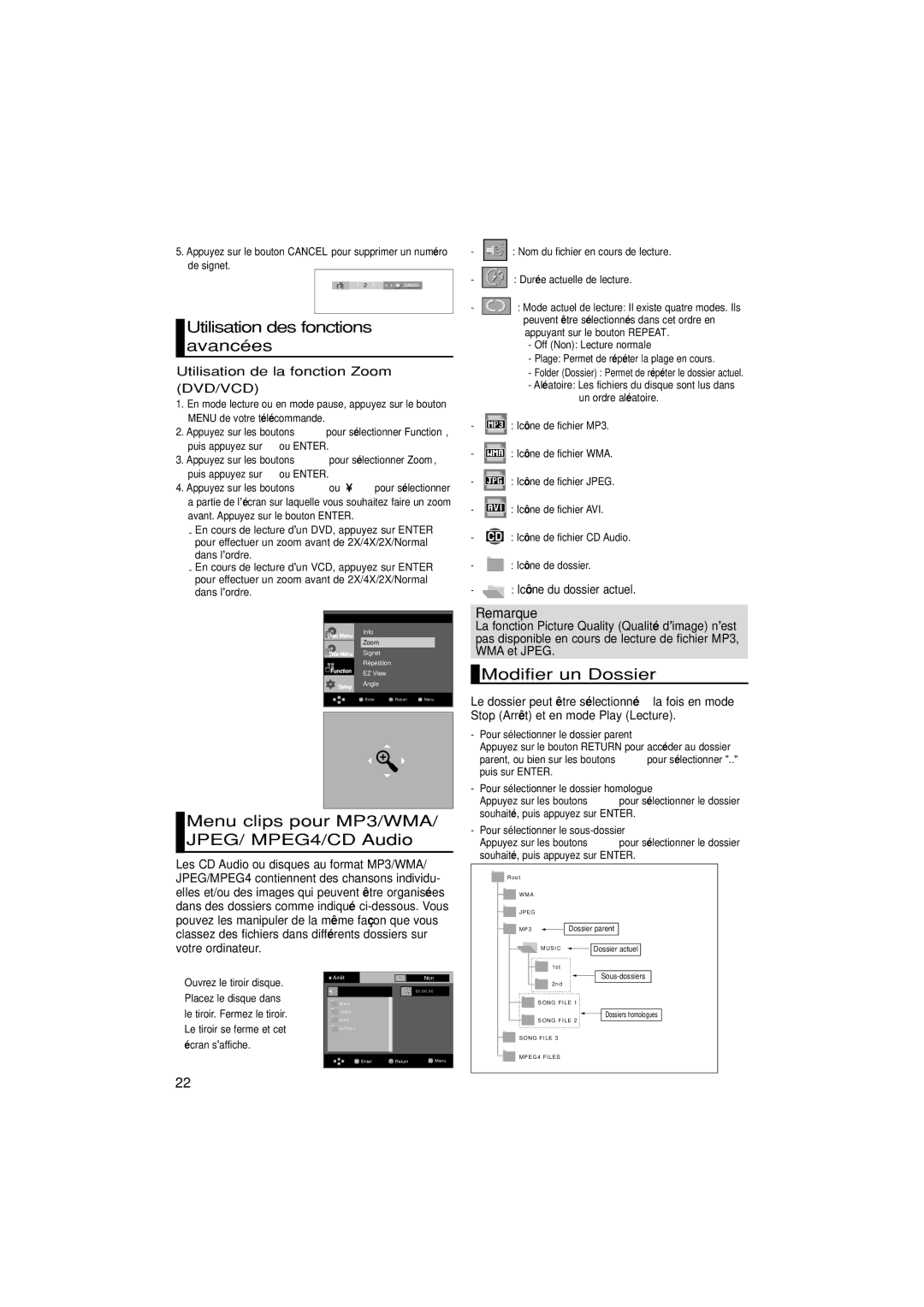 Samsung DVD-HD870/XEG, DVD-HD870/XEL Utilisation des fonctions avancées, Menu clips pour MP3/WMA/ JPEG/ MPEG4/CD Audio 