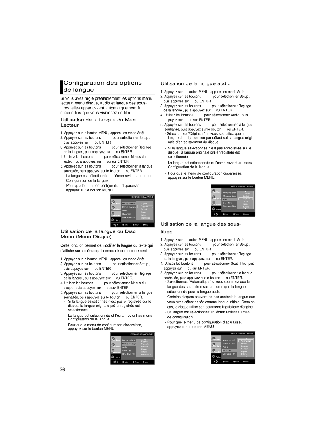 Samsung DVD-HD870/XEG, DVD-HD870/XEL manual Configuration des options de langue, Utilisation de la langue du Menu Lecteur 