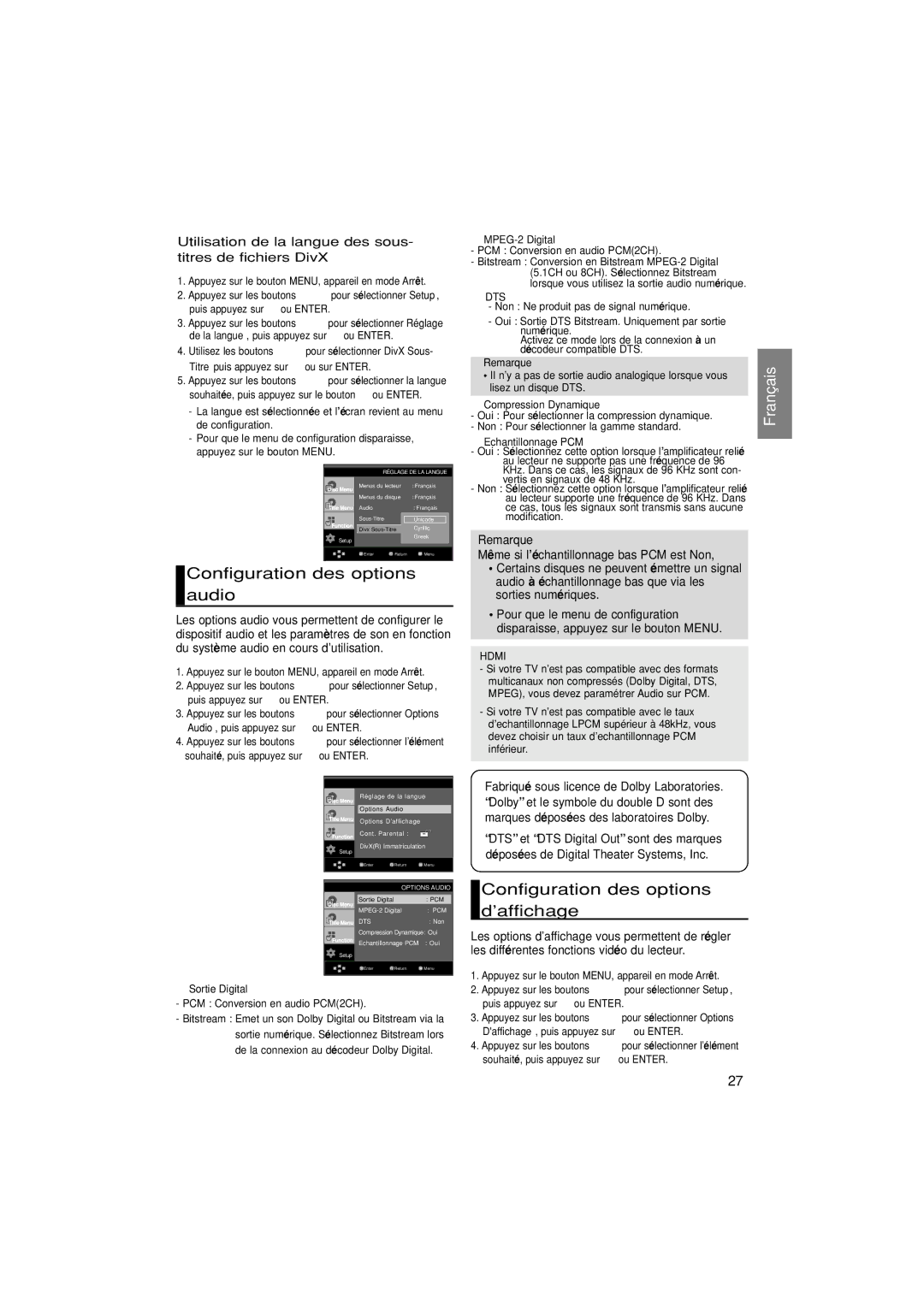 Samsung DVD-HD870/XEL, DVD-HD870/XEG manual Configuration des options audio, Configuration des options d’affichage, Remarque 