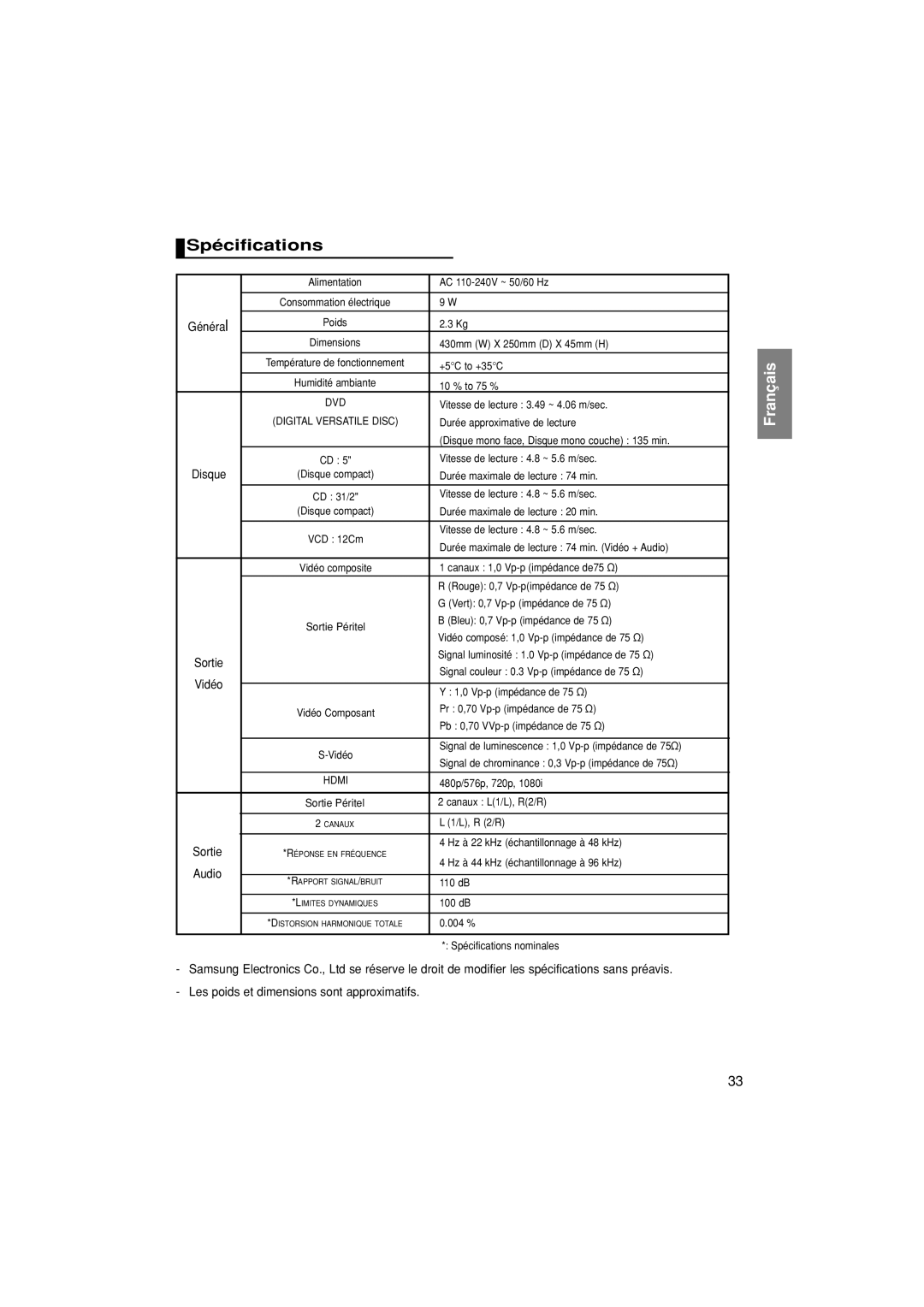 Samsung DVD-HD870/XEL, DVD-HD870/XEG manual Spécifications, Les poids et dimensions sont approximatifs 