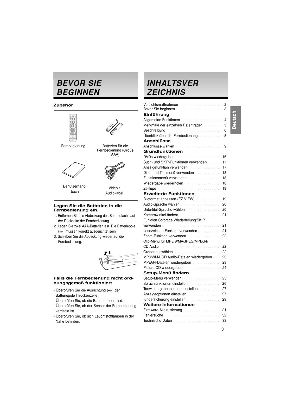 Samsung DVD-HD870/XEG, DVD-HD870/XEL manual Bevor SIE Beginnen, Inhaltsver Zeichnis 